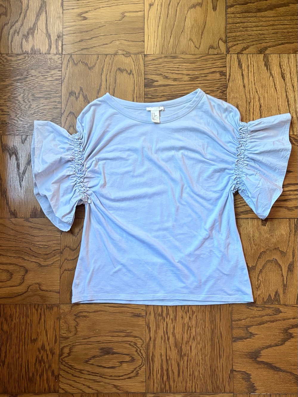 H&M Light Blue Ladies Dropped Shoulders Ruched Bell Sleeve Boxy Top Size Small